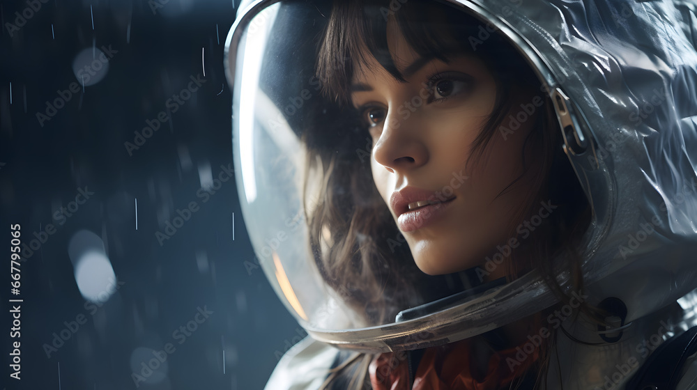 Rainy Night Astronaut: Close-up Portrait of a Female Explorer in Space Helmet Rainy Night Astronaut: Close-up Portrait of a Female Explorer in Space Helmet