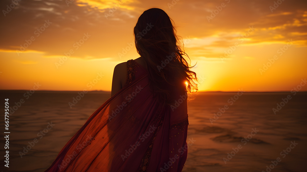 Golden Desert Sunset with Silhouette of Woman in Flowing Red Sari Golden Desert Sunset with Silhouette of Woman in Flowing Red Sari