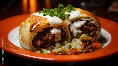 Savory Meat Stuffed Pastry Drizzled with Creamy Sauce on Vibrant Plate.