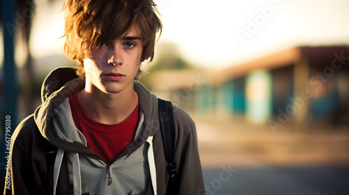 Urban Teen Contemplating at Sunset with Blurred City Background