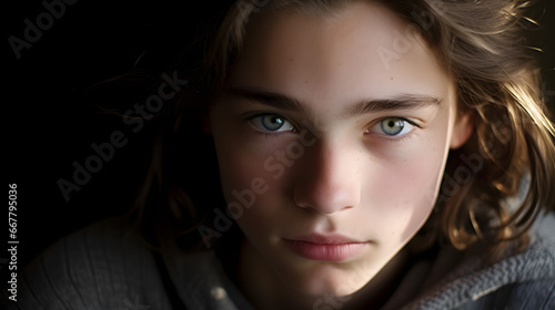 Intense Close-up Portrait of Young Male with Green Eyes and Wavy Hair in Natural Lighting