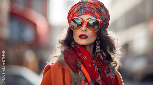 Elegant Woman in Red Scarf with Retro Sunglasses in Urban Setting