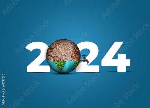 New Year 2024 with water tap concept. save our planet and earth environment. World water day 2024. Earth day 2024 3d concept.