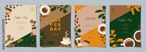 Set of sketch banners with coffee beans and leaves on colorful background for poster, menu, cafe or another template design. Coffee Day. vector illustration.