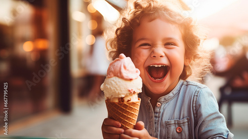 Child eating an ice cream cone. Generative AI, photo