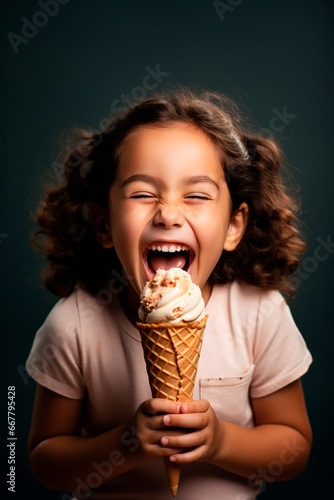 Child eating an ice cream cone. Generative AI 