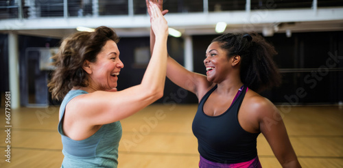 Two diverse women joyfully high-five in a dance studio, celebrating success and friendship, fitness and camaraderie in a modern gym. © InputUX