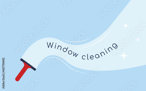 Window washing. The glass scraper slides, cleaning it. The window is clean. Window cleaning service concept.