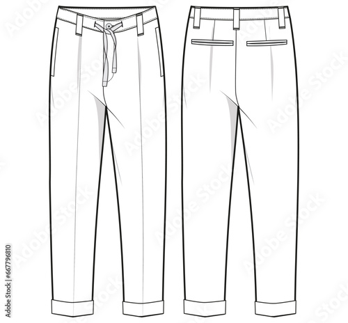 Men's Casual chino trouser pant front and back view flat sketch fashion illustration cad drawing, slim fit pants with drawcord waist pants vector template