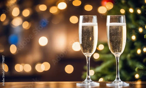 Two champagne glasses in festive Christmas ambiance