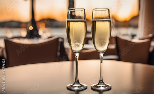 Champagne glasses on restaurant table © karandaev