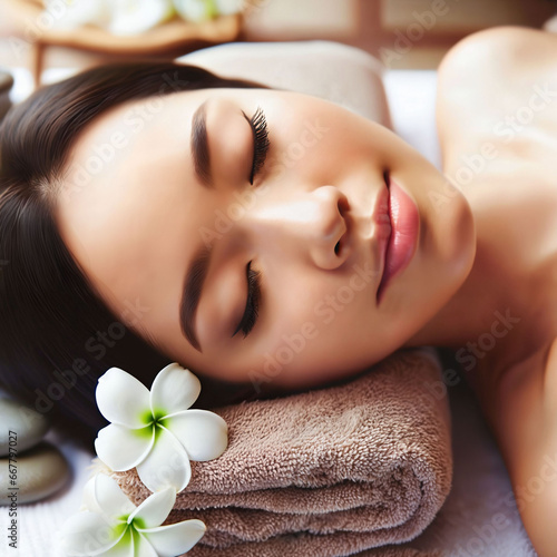 Close up of a beautiful young woman relaxing at a massage parlor or spa. Lying on towel after massage treatment. Stress relief. Relaxation. Peacefully. Body massage. Tranquility. Generative AI