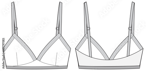Triangle bra design flat sketch fashion illustration vector template, Classic triangular Bra women's lingerie cad drawing template