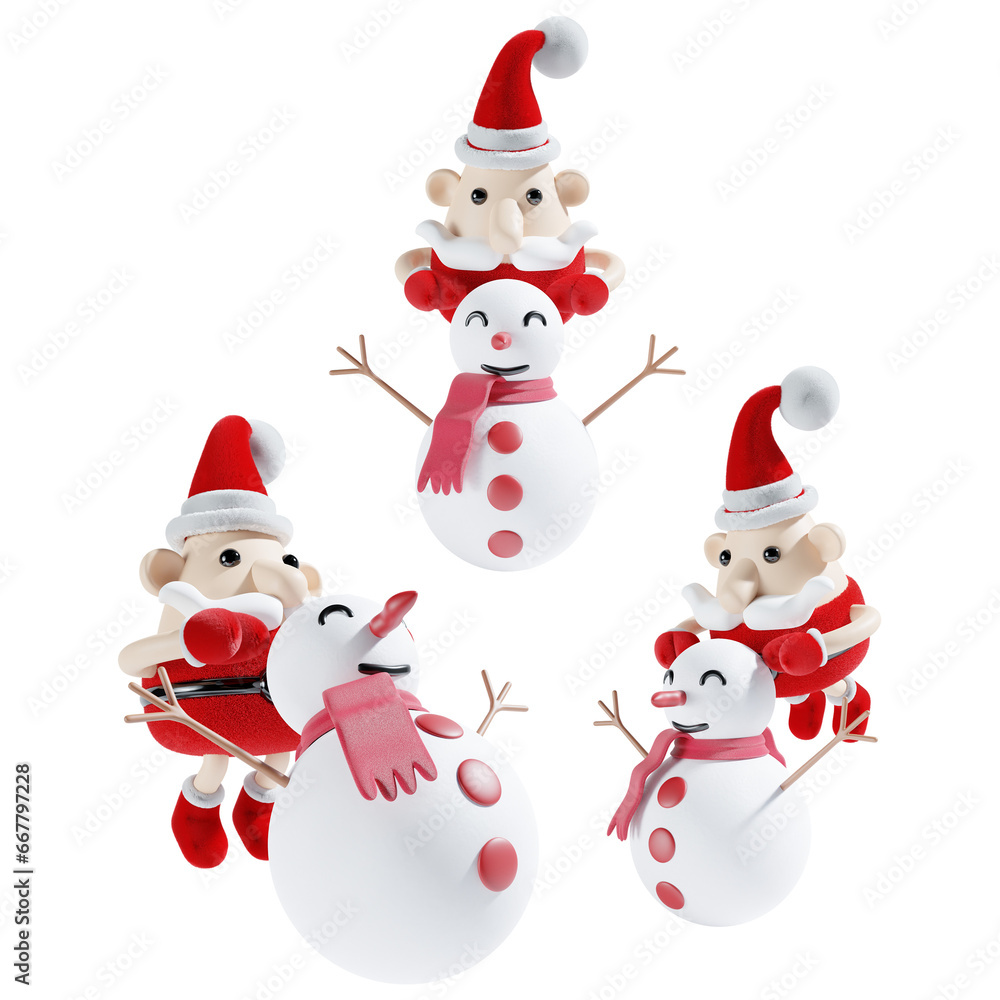 christmas santa claus with snowman in three angle 3d illustration christmas santa claus with snowman in three angle 3d illustration