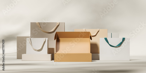 Cardboard box on a background of white paper bags. Mock up. 3d rendering