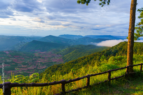 Morning sky Mountain range and fog A beautiful view at Phu Ruea National Park in Loei Province, Thailand.