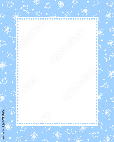 Bullet journal blank printable page, winter holidays card template cover design decorated with outline image stars and snowflakes, rectangular frame for Christmas, New Year invitations, cards