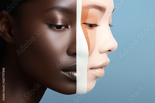 A woman's face divided into two parts, showing indifference to skin color, anti-discrimination poster concept
