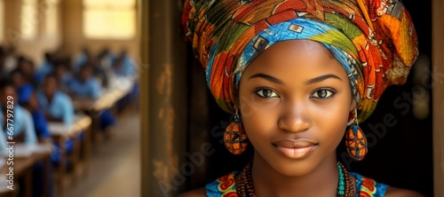 Colorful Head Wrap Adds Vibrancy to Woman in Classroom, concept education in Africa