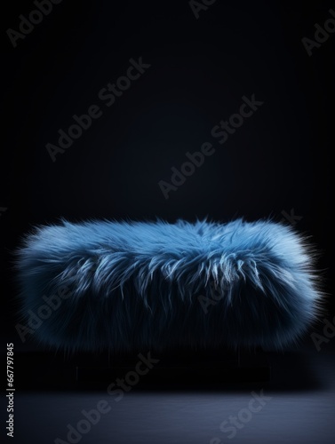 Blue Fur Minimalistic Product Podium. The Stage for Product Presentation on Black Background. Geometric Platform Pedestal. Ai Generated Vertical Podium Mockup for a Product advertisement.