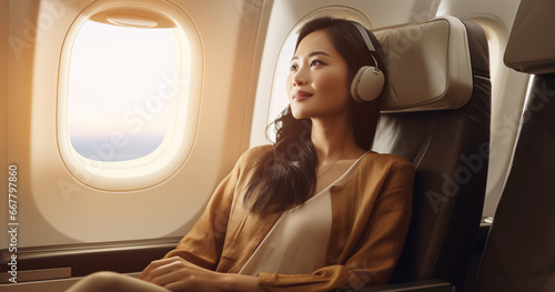 Lifestyle portrait of attractive Asian woman passenger listening to headphones on airplane long haul flight