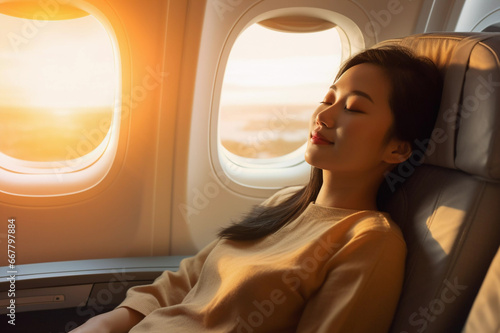 Lifestyle portrait of attractive Asian woman passenger sleeping on airplane long haul flight © Elena