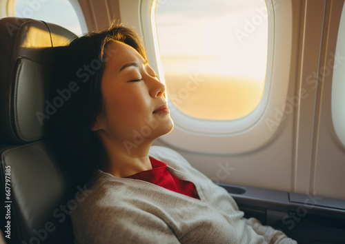 Lifestyle portrait of mature Asian woman passenger sleeping on airplane long haul flight