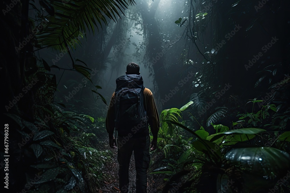 Man with backpack walking in the rainforest. Travel and adventure concept, Male Hiker walking through a dense dark jungle, rear view, full body, AI Generated Man with backpack walking in the rainforest. Travel and adventure concept, Male Hiker walking through a dense dark jungle, rear view, full body, AI Generated