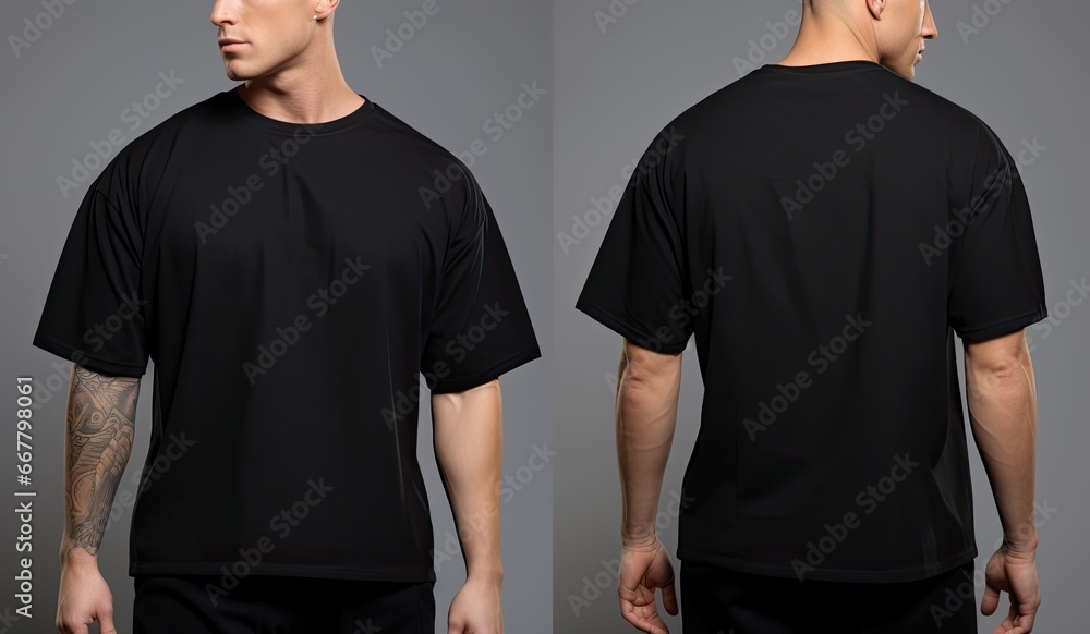 Male t shirt mockup, front, back and side view, Male model wearing a black color Henley t-shirt on a White background, front view and back view, top section cropped, AI Generated - obrazy, fototapety, plakaty 