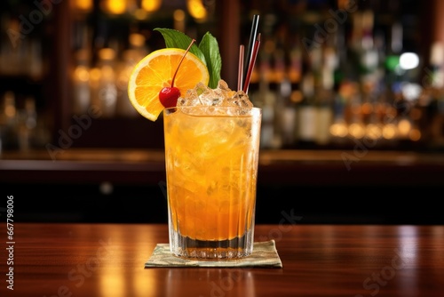 Cocktail with orange and mint on a bar counter in a nightclub, Mai tai cocktail on a bar counter with blurred bar behind, AI Generated