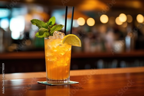 Cocktail with lemon and mint on a wooden table in a bar, Mai tai cocktail on a bar counter with blurred bar behind, AI Generated