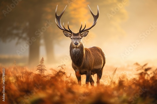 Red deer stag during rutting season in autumn forest landscape, Majestic Red Deer Cervus elaphus stag in the morning mist, UK, AI Generated