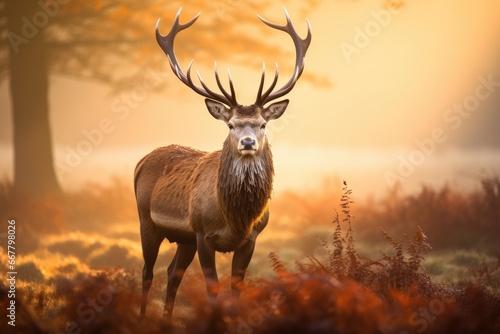 Red deer stag during rutting season in Autumn Fall landscape, Majestic Red Deer Cervus elaphus stag in the morning mist, UK, AI Generated © Ifti Digital