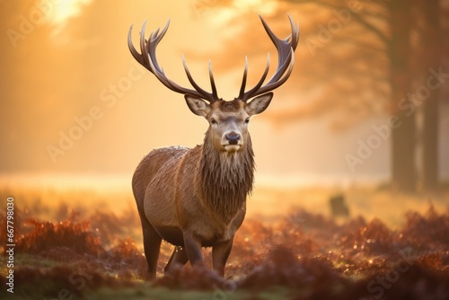 Red deer stag in morning sunlight. Fallow Deer Cervus elaphus  Majestic Red Deer Cervus elaphus stag in the morning mist  UK  AI Generated