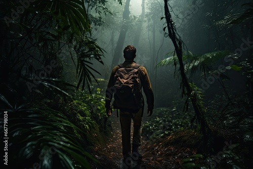 Man with backpack walking on the trail in the jungle at night, Male Hiker walking through a dense dark jungle, rear view, full body, AI Generated