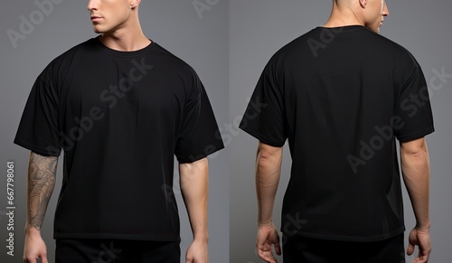 Male t shirt mockup, front, back and side view, Male model wearing a black color Henley t-shirt on a White background, front view and back view, top section cropped, AI Generated