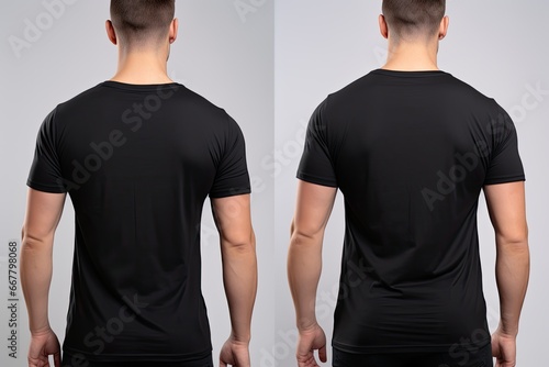 Blank black t shirt template on man body, front and back view, Male model wearing a black color Henley t shirt on a White background, front view and back view, top section cropped, AI Generated