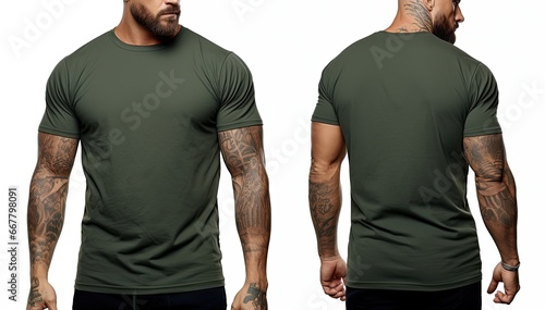 Tattooed man in a green tshirt on a white background, Male model wearing a dark ash half sleeves tshirt on a White background, front view and back view, top section cropped, AI Generated photo
