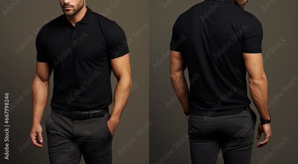 Blank black polo t-shirt mockup, front and back view, Male model wearing a simple black polo tshirt on a White background, front view and back view, top section croppedped, AI Generated Blank black polo t-shirt mockup, front and back view, Male model wearing a simple black polo tshirt on a White background, front view and back view, top section croppedped, AI Generated