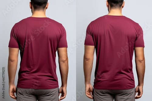 Male tshirt with blank space for your design, front and back view, Male model wearing a maroon color solid tshirt on a White background, front view and back view, top section cropped, AI Generated