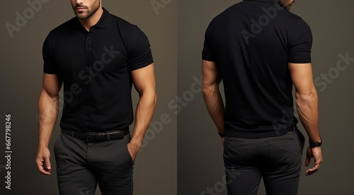 Blank black polo t-shirt mockup, front and back view, Male model wearing a simple black polo tshirt on a White background, front view and back view, top section croppedped, AI Generated