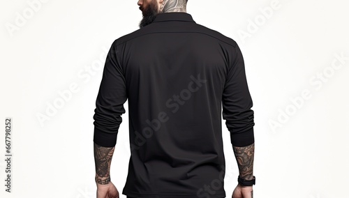 Tattooed man in black sportswear on white background, Male model wearing a simple black polo tshirt on a White background, front view and back view, top section croppedped, AI Generated