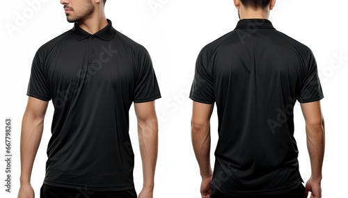 Male tshirt template, front and back view, isolated on white background, Male model wearing a simple black polo tshirt on a White background, front view and back view, top section, AI Generated