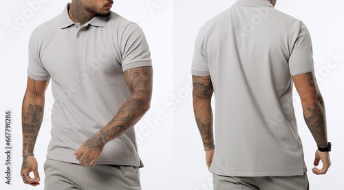 Front and back views of a man wearing a grey tshirt with tattoos, Male model wearing a simple gray ash polo shirt on a White background, front view and back view, top section croppedped, AI Generated photo