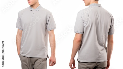 Blank gray polo tshirt template, front and back view, Male model wearing a simple gray ash polo shirt on a White background, front view and back view, top section croppedped, AI Generated