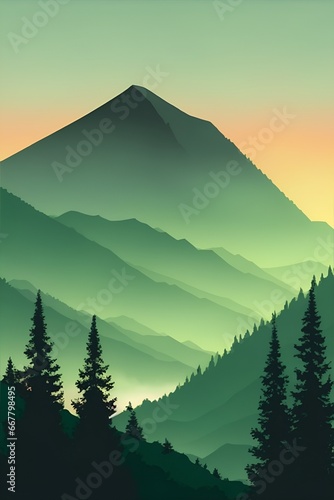 Misty mountains at sunset in green tone  vertical composition