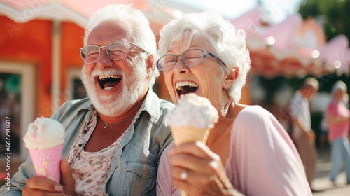 happy gray-haired elderly retired couple laughs, smiles in an amusement park during a festival. Generative AI,