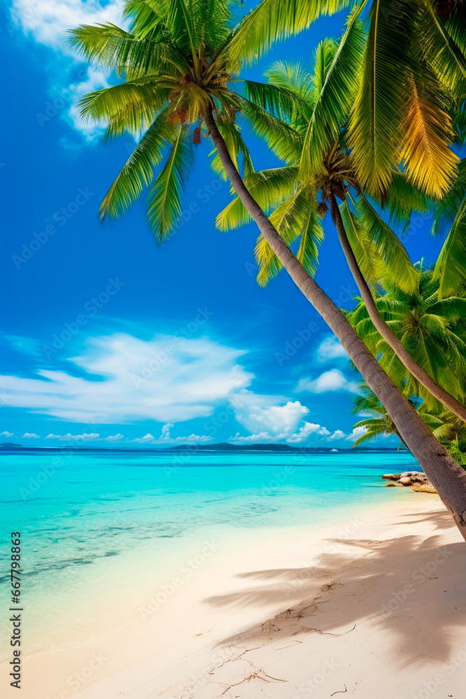 Obraz premium Beautiful beach ocean and palm trees. Generative AI,