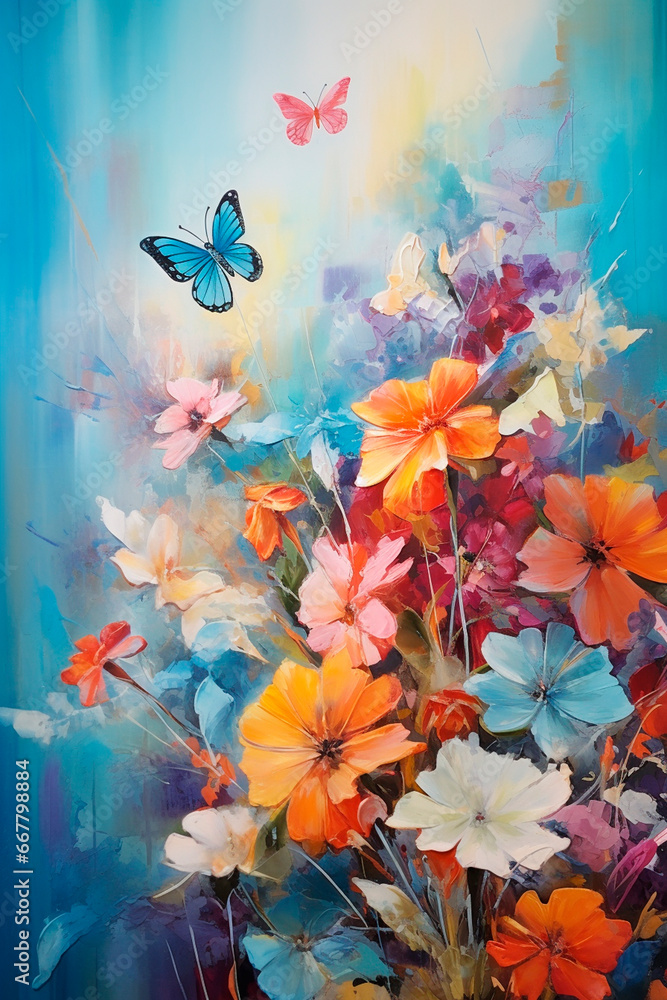 Oil painting flowers and butterflies. Generative AI, Oil painting flowers and butterflies. Generative AI,