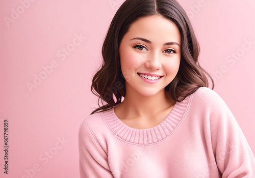 Portrait of a beautiful young woman with long brown hair on a pink background